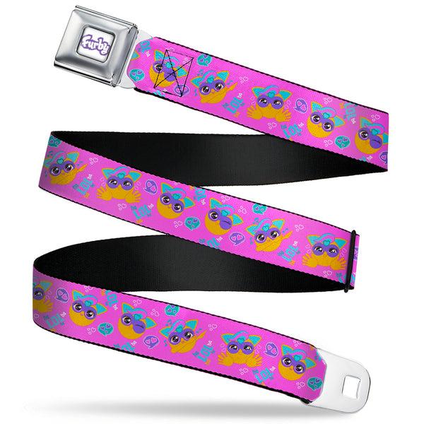Buckle-Down FURBY Title Logo Full Color White/Purple Seatbelt Belt - Fuby Furbmojis LOL Icons Collage Pinks/Blues Webbing