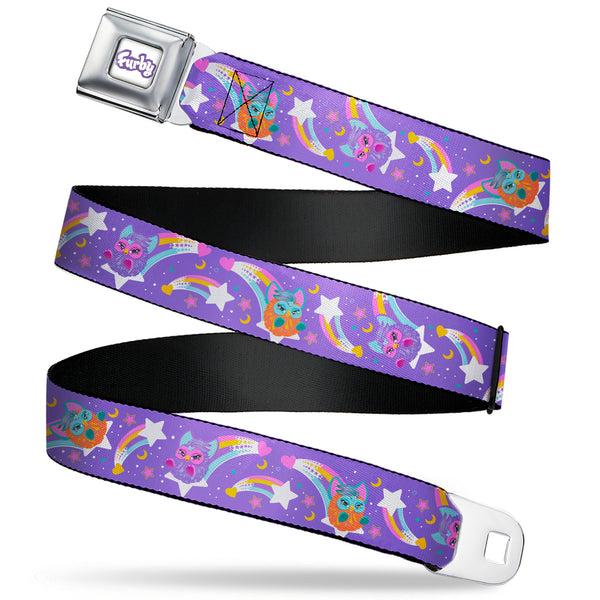 Buckle-Down FURBY Title Logo Full Color White/Purple Seatbelt Belt - Furby Orange and Purple Jumping Rainbow Slide Black/Multi Color Webbing