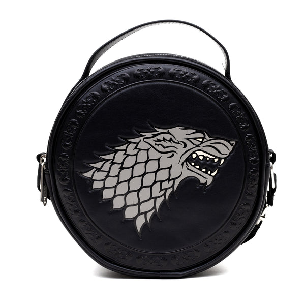 Buckle-Down Game Of Thrones Vegan Leather Round Crossbody Bag With Adjustable Straps House Of Stark Sigil Debossed And Filigree Black