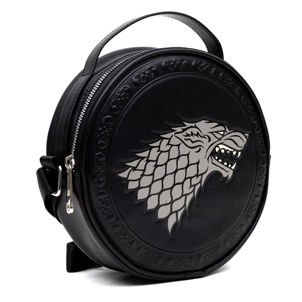 Buckle-Down Game Of Thrones Vegan Leather Round Crossbody Bag With Adjustable Straps House Of Stark Sigil Debossed And Filigree Black