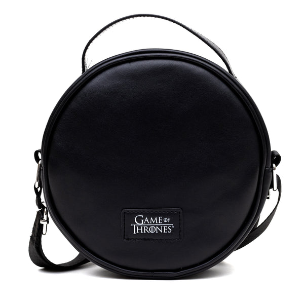 Buckle-Down Game Of Thrones Vegan Leather Round Crossbody Bag With Adjustable Straps House Of Stark Sigil Debossed And Filigree Black