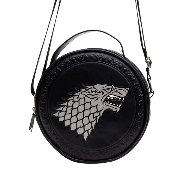 Buckle-Down Game of Thrones Vegan Leather Round Crossbody Bag with Adjustable Straps House of Stark Sigil Debossed and Filigree Black