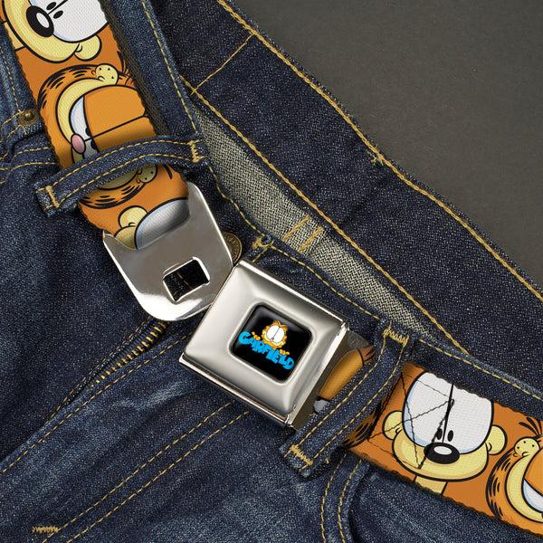 Buckle-Down GARFIELD Pose Title Logo Full Color Black Seatbelt Belt - Garfield And Odie Faces Close-Up Orange Webbing
