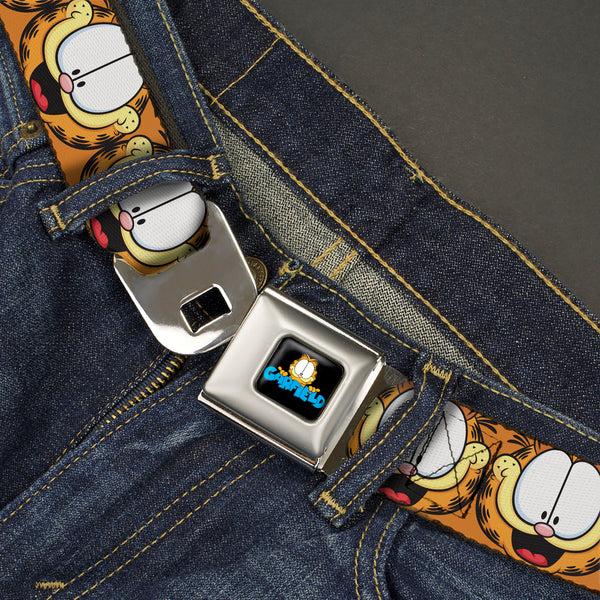 Buckle-Down GARFIELD Pose Title Logo Full Color Black Seatbelt Belt - Garfield Smiling Expression Close-Up Orange Webbing