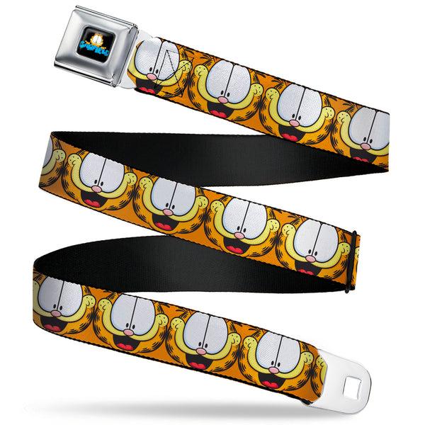 Buckle-Down GARFIELD Pose Title Logo Full Color Black Seatbelt Belt - Garfield Smiling Expression Close-Up Orange Webbing