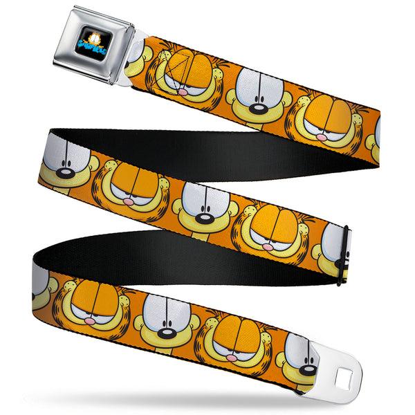 Buckle-Down GARFIELD Pose Title Logo Full Color Black Seatbelt Belt - Garfield and Odie Faces Close-Up Orange Webbing