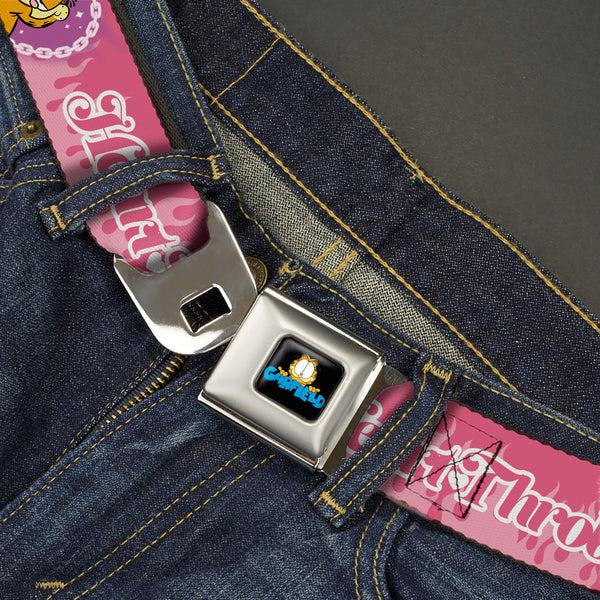 Buckle-Down Garfield Smiling Face And Text Logo Full Color Black Seatbelt Belt - Garfield HEART THROB Flames Pose Valentine Pinks Webbing
