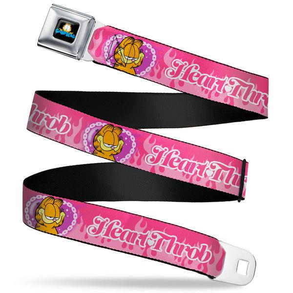 Buckle-Down Garfield Smiling Face and Text Logo Full Color Black Seatbelt Belt - Garfield HEART THROB Flames Pose Valentine Pinks Webbing