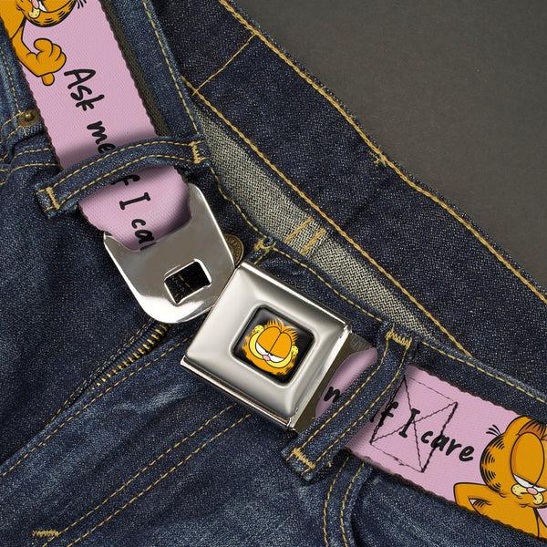 Buckle-Down Garfield Smiling Face Full Color Black Seatbelt Belt - Garfield ASK ME IF I CARE Pose Pink Webbing