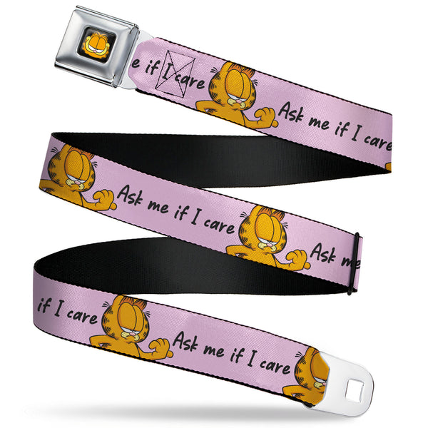 Buckle-Down Garfield Smiling Face Full Color Black Seatbelt Belt - Garfield ASK ME IF I CARE Pose Pink Webbing