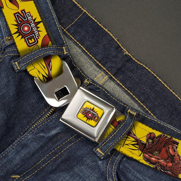 Buckle-Down GENERAL ZOD Title Logo Full Color Yellow Seatbelt Belt - DC Superman Villain GENERAL ZOD Poses And Text Yellow/Red Webbing
