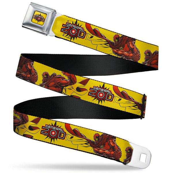 Buckle-Down GENERAL ZOD Title Logo Full Color Yellow Seatbelt Belt - DC Superman Villain GENERAL ZOD Poses and Text Yellow/Red Webbing