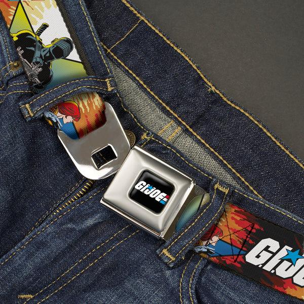 Buckle-Down GI JOE Title Logo Stripe Full Color Black/Red/White/Blue Seatbelt Belt - GI JOE Storm Shadow Snake Eyes And Scarlett Comic Cover Poses Explosion Webbing