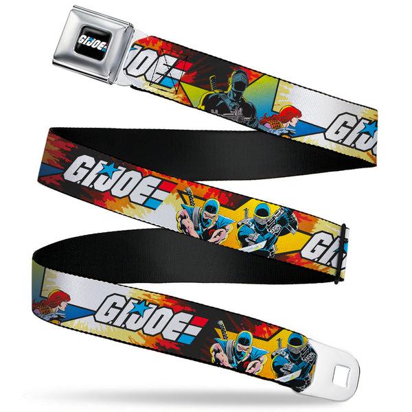 Buckle-Down GI JOE Title Logo Stripe Full Color Black/Red/White/Blue Seatbelt Belt - GI JOE Storm Shadow Snake Eyes and Scarlett Comic Cover Poses Explosion Webbing