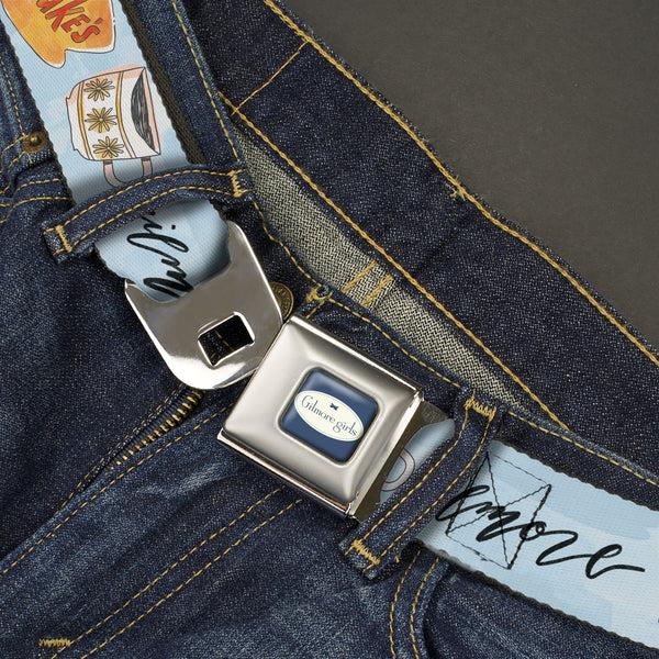 Buckle-Down GILMORE GIRLS Title Logo Full Color Blue/White Seatbelt Belt - GILMORE GIRLS Luke's Coffee Shop Icons And Script Blue Webbing