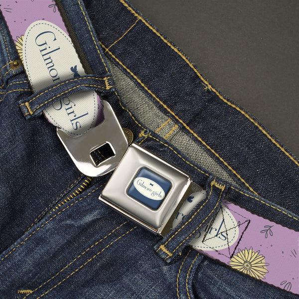 Buckle-Down GILMORE GIRLS Title Logo Full Color Blue/White Seatbelt Belt - GILMORE GIRLS Title Logo And Flower Petals Lavender/White/Blue Webbing