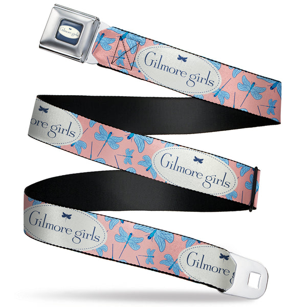 Buckle-Down GILMORE GIRLS Title Logo Full Color Blue/White Seatbelt Belt - GILMORE GIRLS Title Logo and Dragon Flies Scattered Pink/White/Blues Webbing