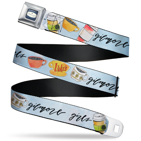 Buckle-Down GILMORE GIRLS Title Logo Full Color Blue/White Seatbelt Belt - GILMORE GIRLS Luke's Coffee Shop Icons and Script Blue Webbing
