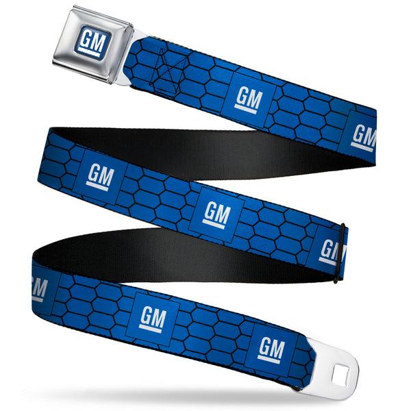 Buckle-Down GM Bug Logo Full Color Blue Gradient/White Seatbelt Belt - GM Bug Logo Honeycomb Grill Blue/Black/White Webbing