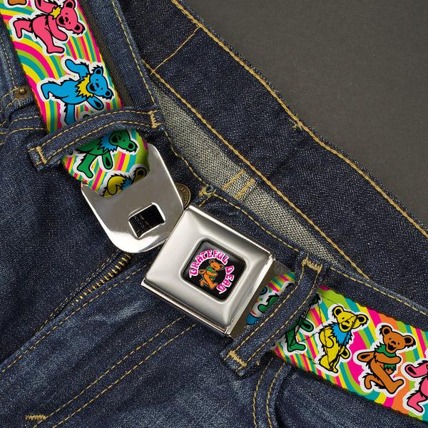 Buckle-Down GRATEFUL DEAD Dancing Bear Icon Full Color Black/Orange Seatbelt Belt - Grateful Dead Dancing Bears Swirl Multi Color Webbing