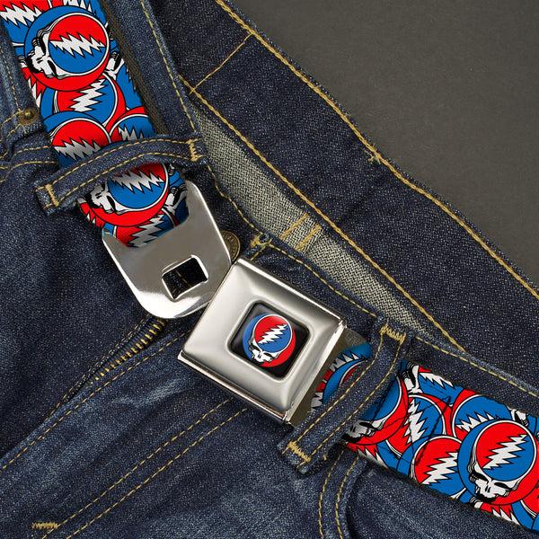 Buckle-Down Grateful Dead Steal Your Face Logo Full Color Black/Red/White/Blue Seatbelt Belt - Grateful Dead Steal Your Face Logo Stacked Red/White/Blue Webbing