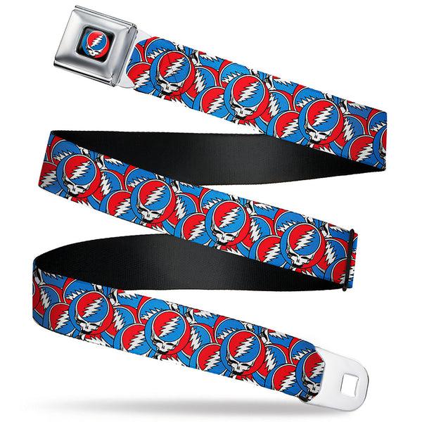 Buckle-Down Grateful Dead Steal Your Face Logo Full Color Black/Red/White/Blue Seatbelt Belt - Grateful Dead Steal Your Face Logo Stacked Red/White/Blue Webbing