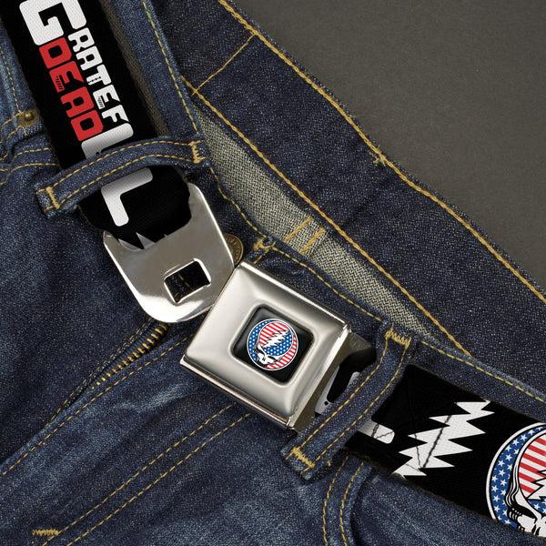 Buckle-Down Grateful Dead Steal Your Face Stars And Stripes Logo Full Color Black/White/Red/Blue Seatbelt Belt - GRATEFUL DEAD Text With Steal Your Face Stars And Stripes Logo Black/White/Red/Blue Webbing