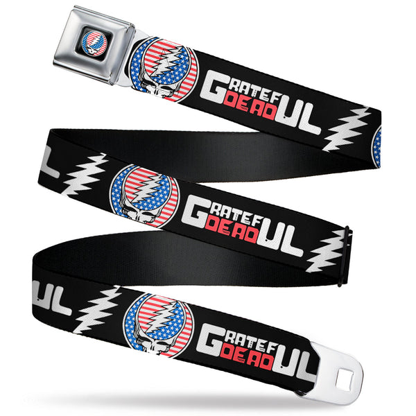 Buckle-Down Grateful Dead Steal Your Face Stars and Stripes Logo Full Color Black/White/Red/Blue Seatbelt Belt - GRATEFUL DEAD Text with Steal Your Face Stars and Stripes Logo Black/White/Red/Blue Webbing