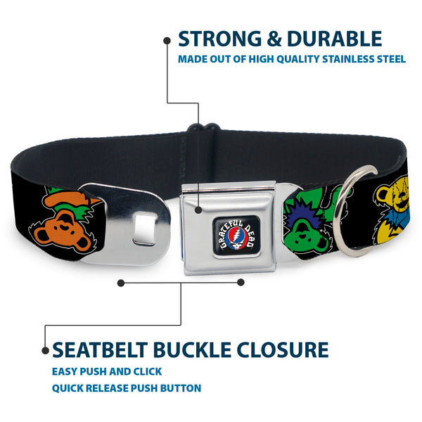 Buckle-Down GRATEFUL DEAD Text With Steal Your Face Logo Full Color Black Seatbelt Buckle Collar - Grateful Dead Dancing Bears Close-Up Black/Multi Color