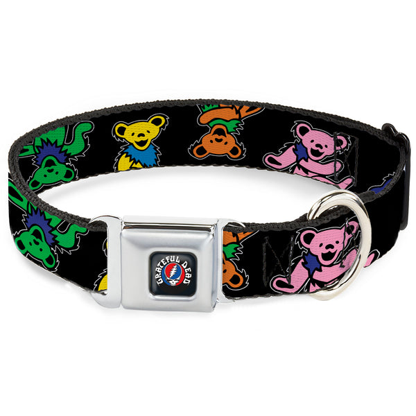 Buckle-Down GRATEFUL DEAD Text with Steal Your Face Logo Full Color Black Seatbelt Buckle Collar - Grateful Dead Dancing Bears Close-Up Black/Multi Color