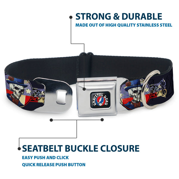 Buckle-Down GRATEFUL DEAD Text With Steal Your Face Logo Full Color Black Seatbelt Buckle Collar - Grateful Dead Dave's Picks Skeleton Americana Bonus Art
