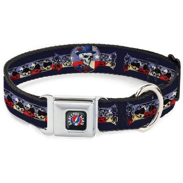 Buckle-Down GRATEFUL DEAD Text with Steal Your Face Logo Full Color Black Seatbelt Buckle Collar - Grateful Dead Dave's Picks Skeleton Americana Bonus Art