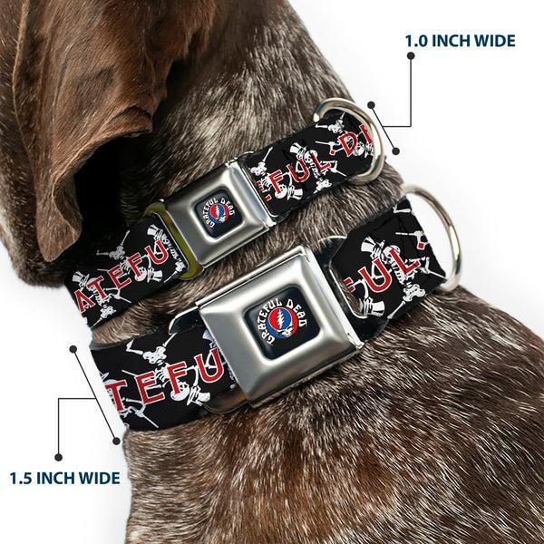 Buckle-Down GRATEFUL DEAD Text With Steal Your Face Logo Full Color Black Seatbelt Buckle Collar - GRATEFUL DEAD Dancing Skeletons And Text Black/White/Red