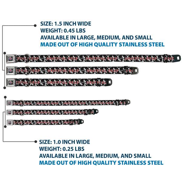Buckle-Down GRATEFUL DEAD Text With Steal Your Face Logo Full Color Black Seatbelt Buckle Collar - GRATEFUL DEAD Dancing Skeletons And Text Black/White/Red