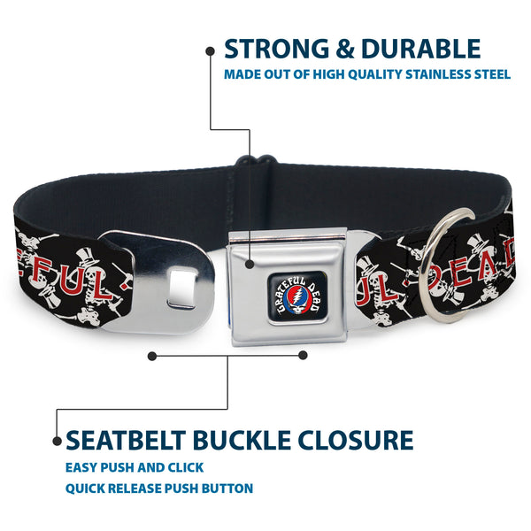 Buckle-Down GRATEFUL DEAD Text With Steal Your Face Logo Full Color Black Seatbelt Buckle Collar - GRATEFUL DEAD Dancing Skeletons And Text Black/White/Red