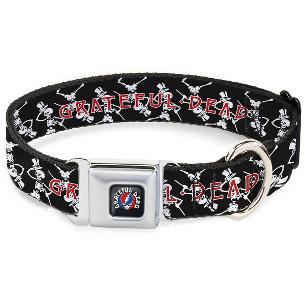 Buckle-Down GRATEFUL DEAD Text with Steal Your Face Logo Full Color Black Seatbelt Buckle Collar - GRATEFUL DEAD Dancing Skeletons and Text Black/White/Red