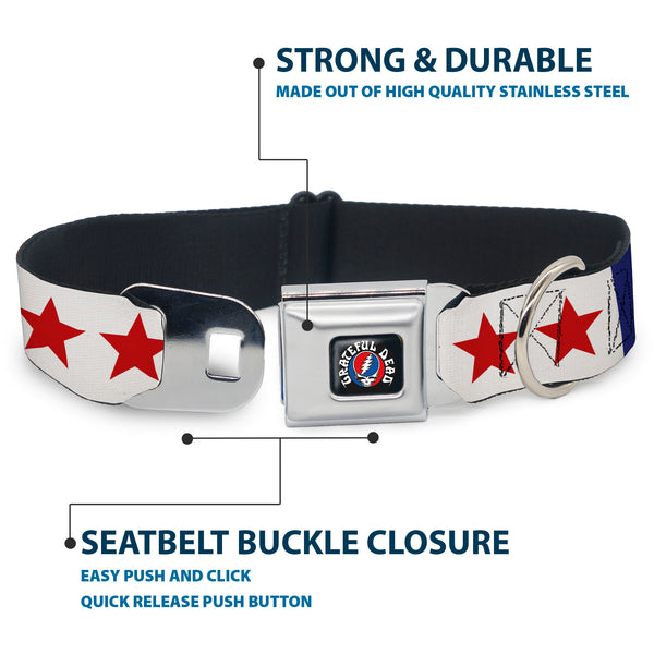 Buckle-Down GRATEFUL DEAD Text With Steal Your Face Logo Full Color Black Seatbelt Buckle Collar - GOOD OL' GRATEFUL DEAD Text And Stars Blue/White/Red