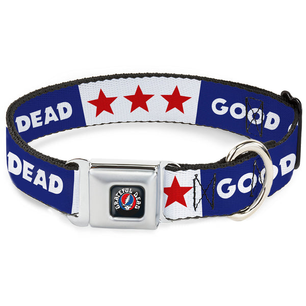 Buckle-Down GRATEFUL DEAD Text with Steal Your Face Logo Full Color Black Seatbelt Buckle Collar - GOOD OL' GRATEFUL DEAD Text and Stars Blue/White/Red
