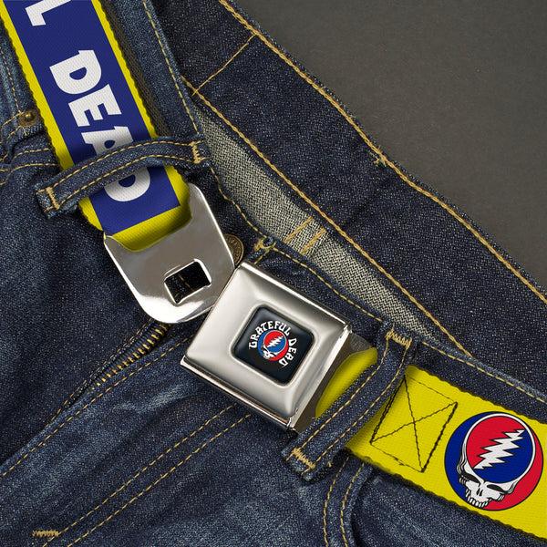 Buckle-Down GRATEFUL DEAD Text With Steal Your Face Logo Full Color Black Seatbelt Belt - GRATEFUL DEAD Text Box And Steal Your Face Logo Yellow/Blue/White Webbing