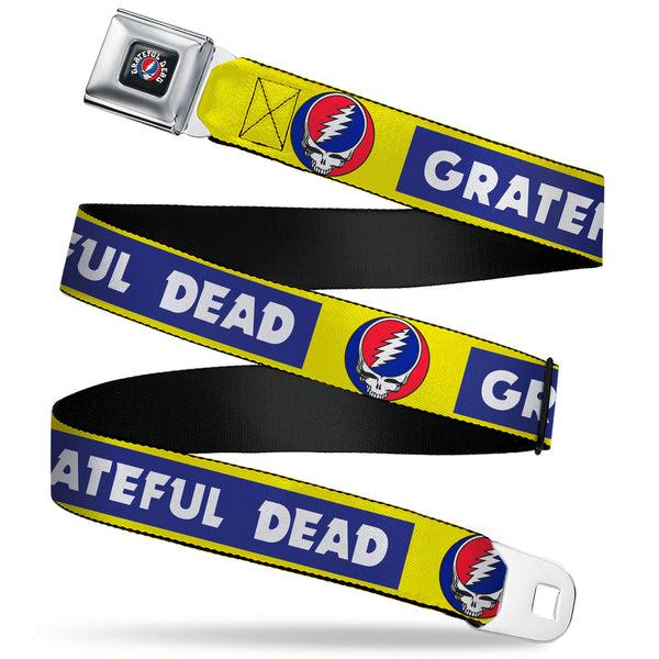 Buckle-Down GRATEFUL DEAD Text with Steal Your Face Logo Full Color Black Seatbelt Belt - GRATEFUL DEAD Text Box and Steal Your Face Logo Yellow/Blue/White Webbing