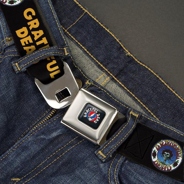 Buckle-Down GRATEFUL DEAD Text With Steal Your Face Logo Full Color Black Seatbelt Belt - GRATEFUL DEAD Text And Skull And Roses Round Logo Black/Yellow Webbing