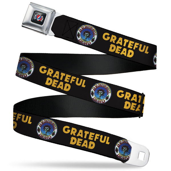Buckle-Down GRATEFUL DEAD Text With Steal Your Face Logo Full Color Black Seatbelt Belt - GRATEFUL DEAD Text And Skull And Roses Round Logo Black/Yellow Webbing