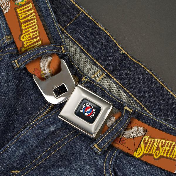 Buckle-Down GRATEFUL DEAD Text With Steal Your Face Logo Full Color Black Seatbelt Belt - Grateful Dead SUNSHINE DAYDREAM Skeleton Orange Webbing
