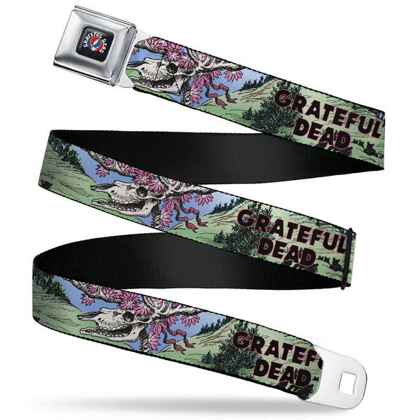 Buckle-Down GRATEFUL DEAD Text with Steal Your Face Logo Full Color Black Seatbelt Belt - Grateful Dead Dave's Picks Volume Nine Montana Cover Art Webbing