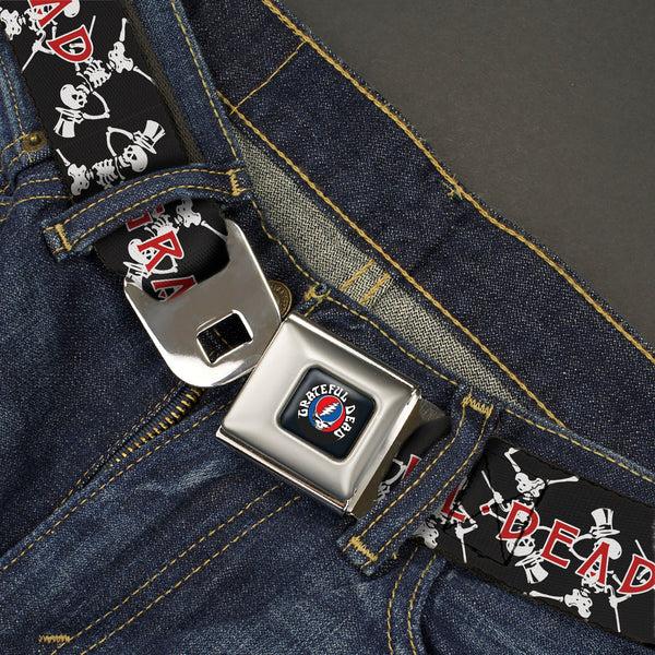 Buckle-Down GRATEFUL DEAD Text With Steal Your Face Logo Full Color Black Seatbelt Belt - GRATEFUL DEAD Dancing Skeletons And Text Black/White/Red Webbing