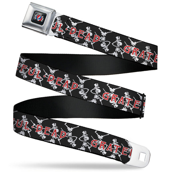 Buckle-Down GRATEFUL DEAD Text with Steal Your Face Logo Full Color Black Seatbelt Belt - GRATEFUL DEAD Dancing Skeletons and Text Black/White/Red Webbing