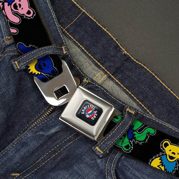 Buckle-Down GRATEFUL DEAD Text With Steal Your Face Logo Full Color Black Seatbelt Belt - Grateful Dead Dancing Bears Close-Up Black/Multi Color Webbing