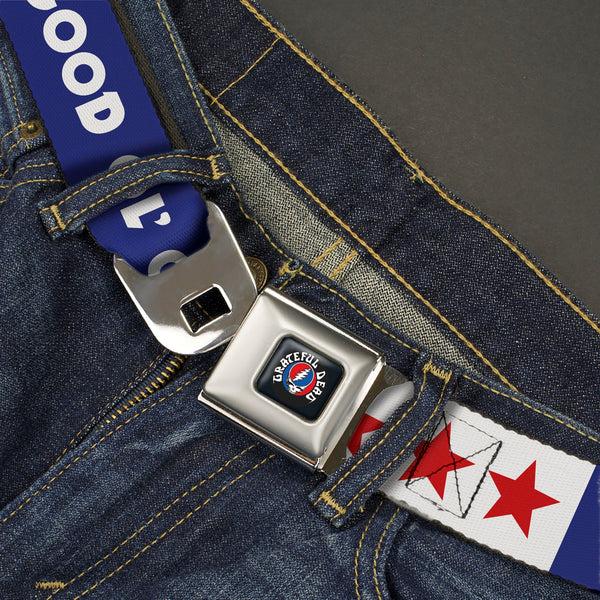 Buckle-Down GRATEFUL DEAD Text With Steal Your Face Logo Full Color Black Seatbelt Belt - GOOD OL' GRATEFUL DEAD Text And Stars Blue/White/Red Webbing