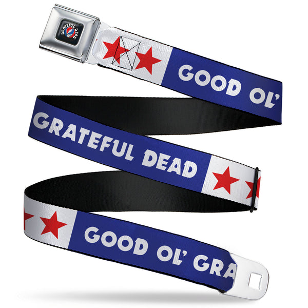 Buckle-Down GRATEFUL DEAD Text with Steal Your Face Logo Full Color Black Seatbelt Belt - GOOD OL' GRATEFUL DEAD Text and Stars Blue/White/Red Webbing