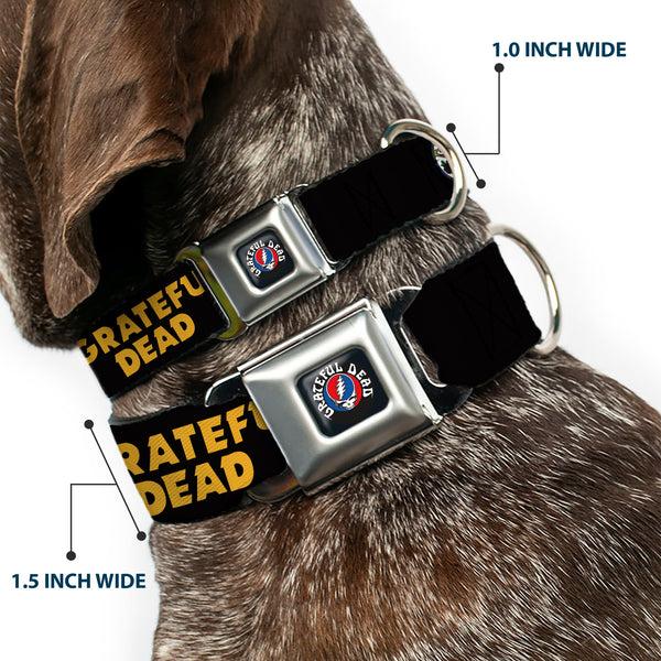 Buckle-Down GRATEFUL DEAD Text With Steal Your Face Logo Full Color Black Seatbelt Buckle Collar - GRATEFUL DEAD Text And Skull And Roses Round Logo Black/Yellow